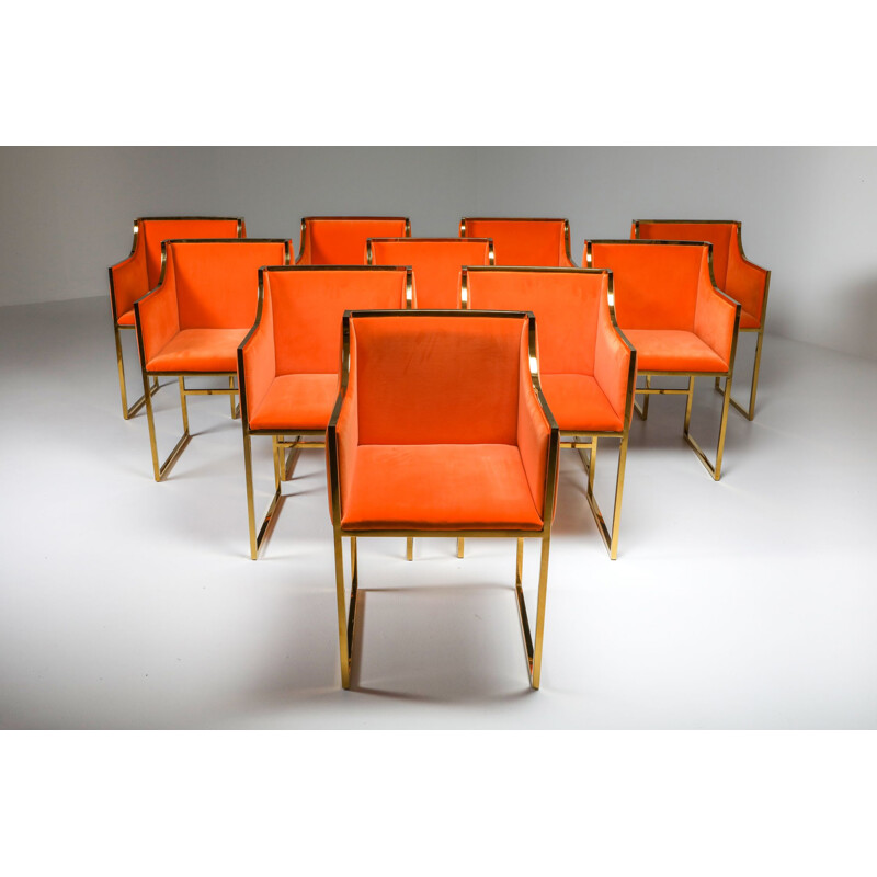 10 Chaises vintage en laiton et velours orange Maison Jansen 1980