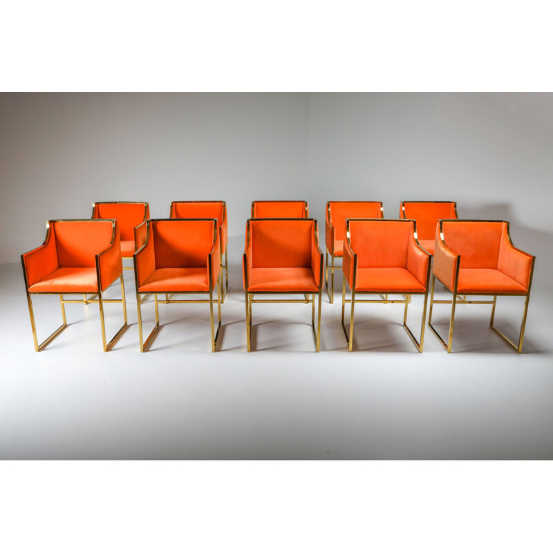 10 Vintage Dining Armchairs in Brass and Orange Velvet Maison Jansen 1980s