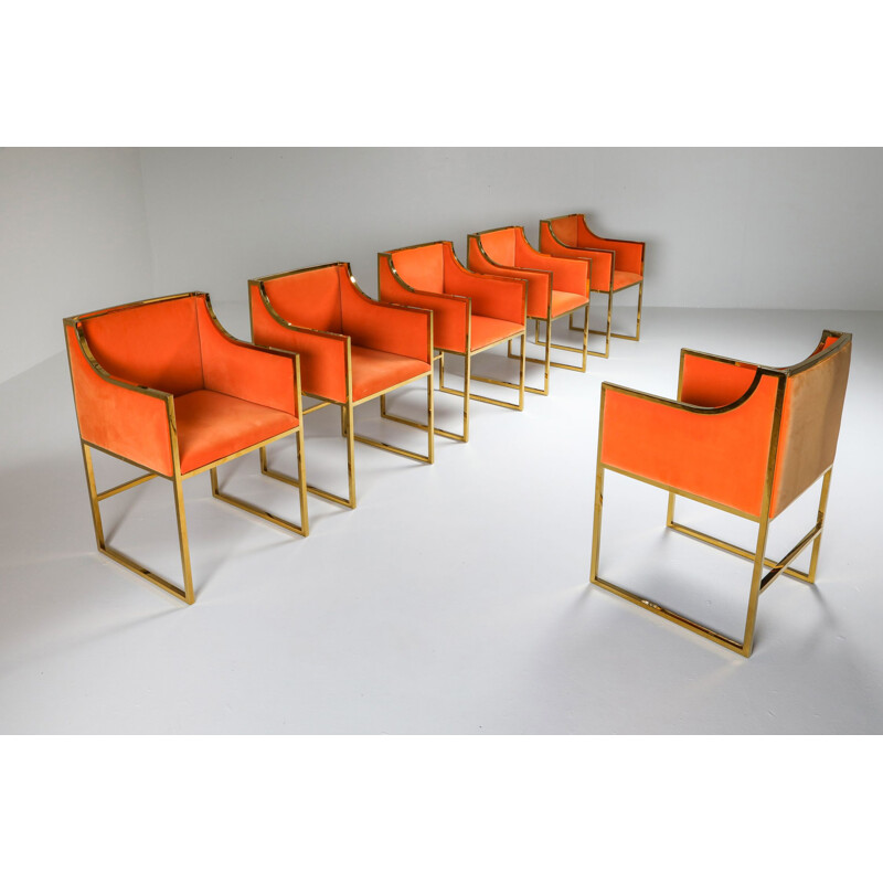 10 Chaises vintage en laiton et velours orange Maison Jansen 1980