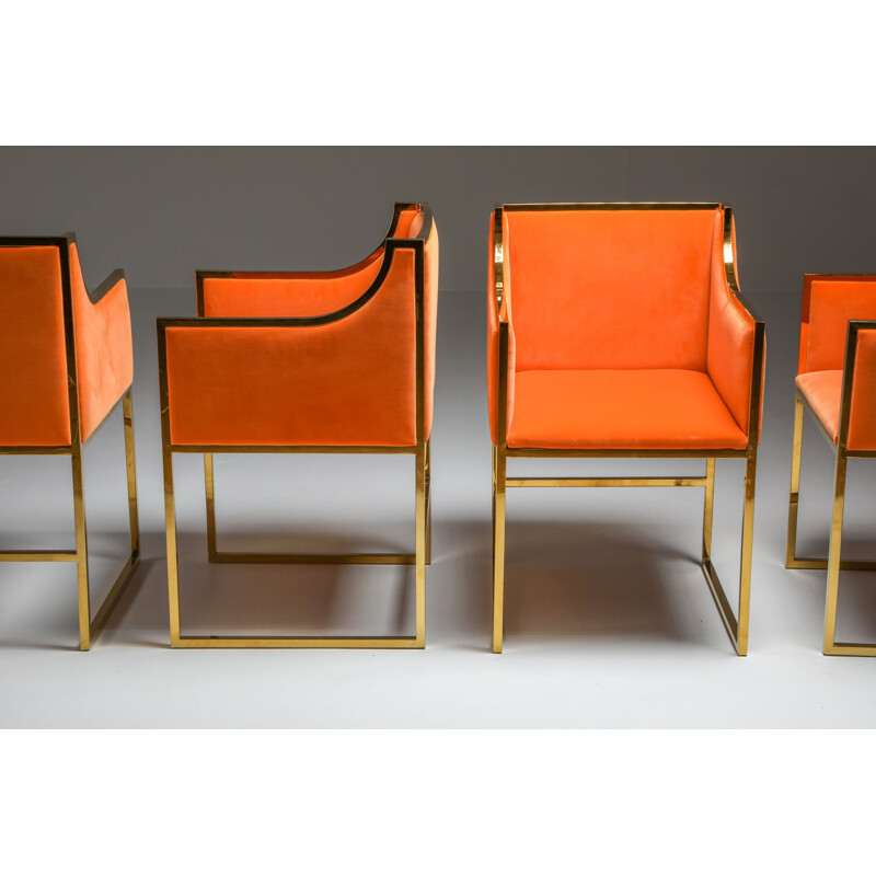 10 Vintage Dining Armchairs in Brass and Orange Velvet Maison Jansen 1980s