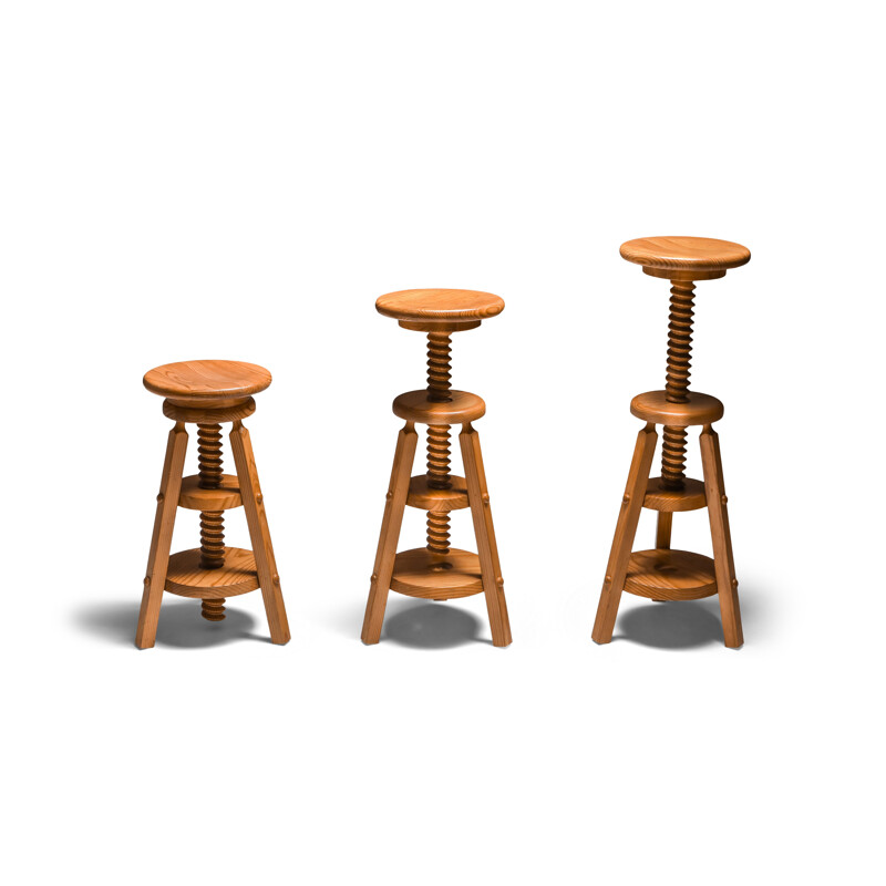 3 Vintage Pine Architect Stools Scandinavian 1970s