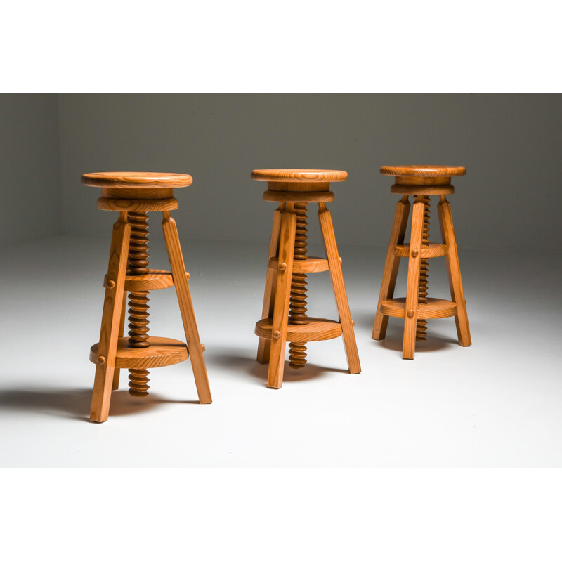 3 Vintage Pine Architect Stools Scandinavian 1970s