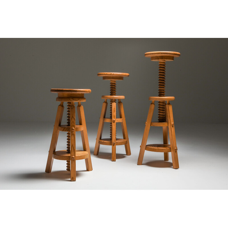 3 Vintage Pine Architect Stools Scandinavian 1970s