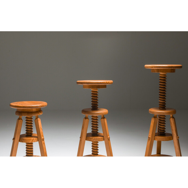 3 Vintage Pine Architect Stools Scandinavian 1970s