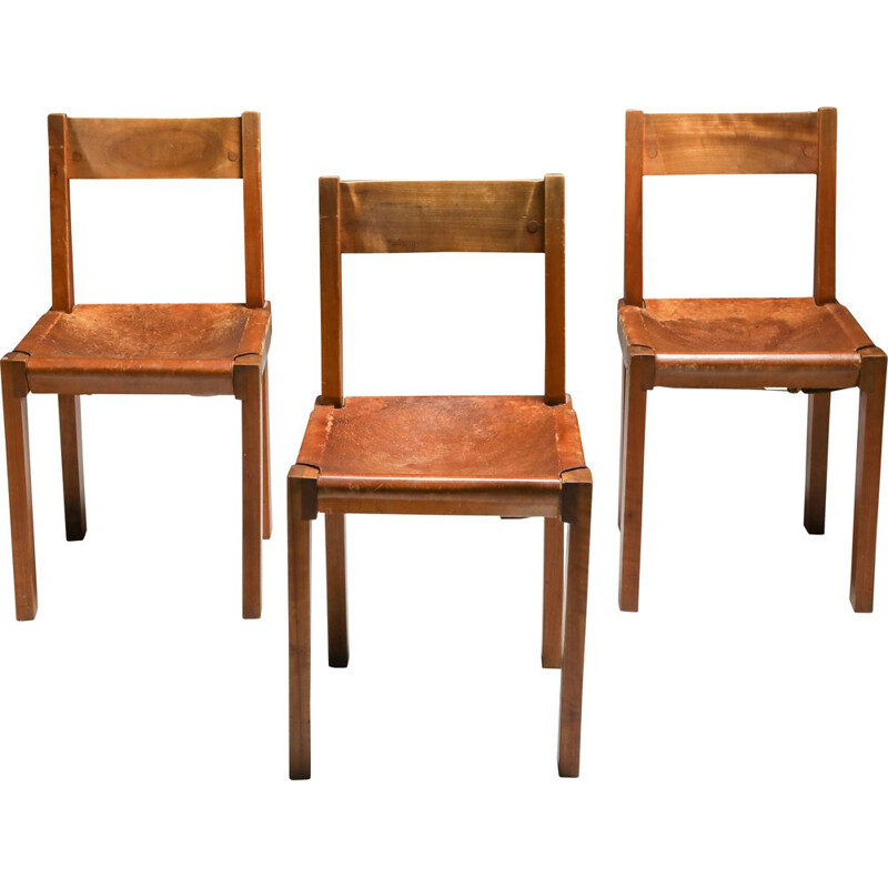 3 Vintage 'S24' Chairs in Elm and Cognac Leather Pierre Chapo 1970s