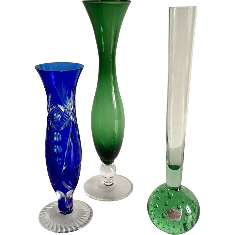 Trio of vintage coloured vases in glass and chiselled crystal
