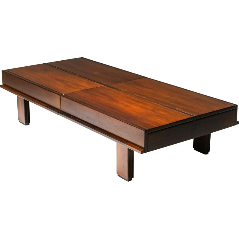 Vintage walnut coffee table with storage Michelluci 1970s