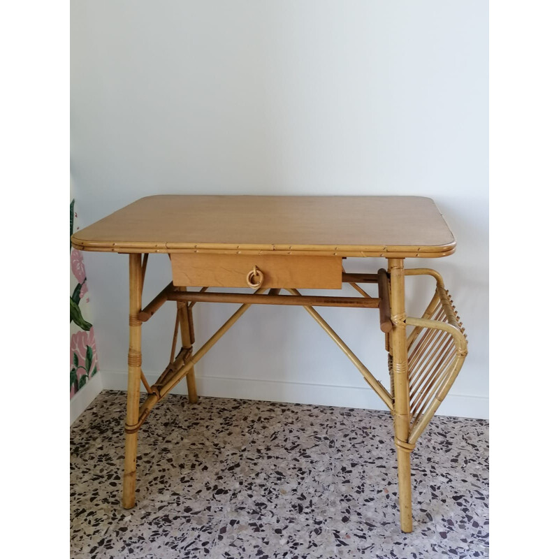 Vintage rattan desk Louis Sognot 1950