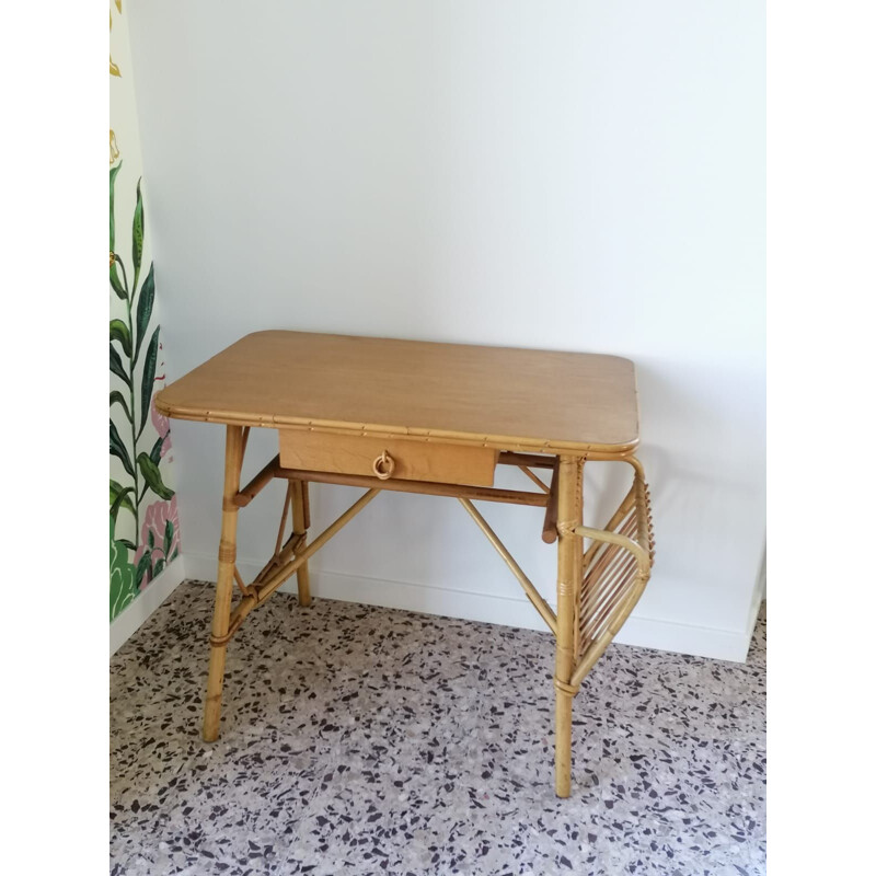 Vintage rattan desk Louis Sognot 1950