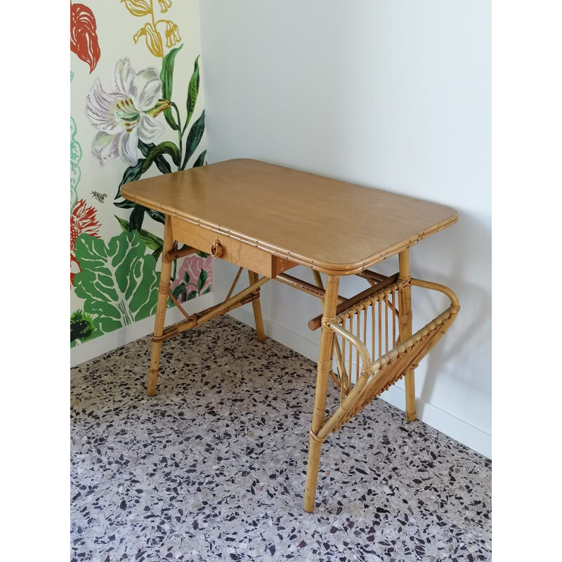 Vintage rattan desk Louis Sognot 1950