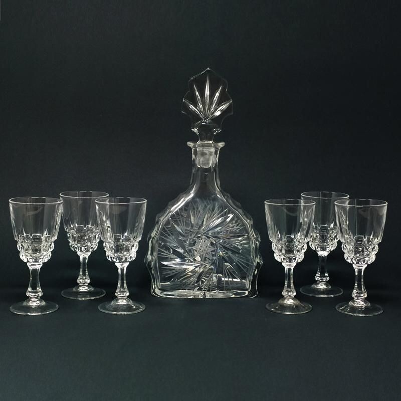 Mid Century Crystal Decanter with 6 Crystal Glasses Italian 1950