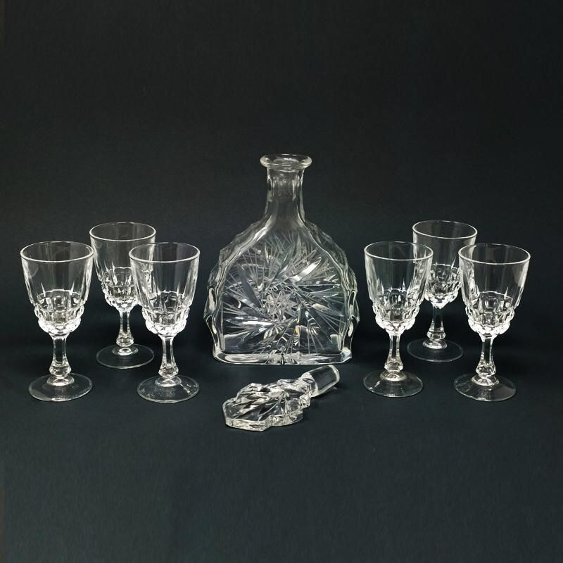 Mid Century Crystal Decanter with 6 Crystal Glasses Italian 1950