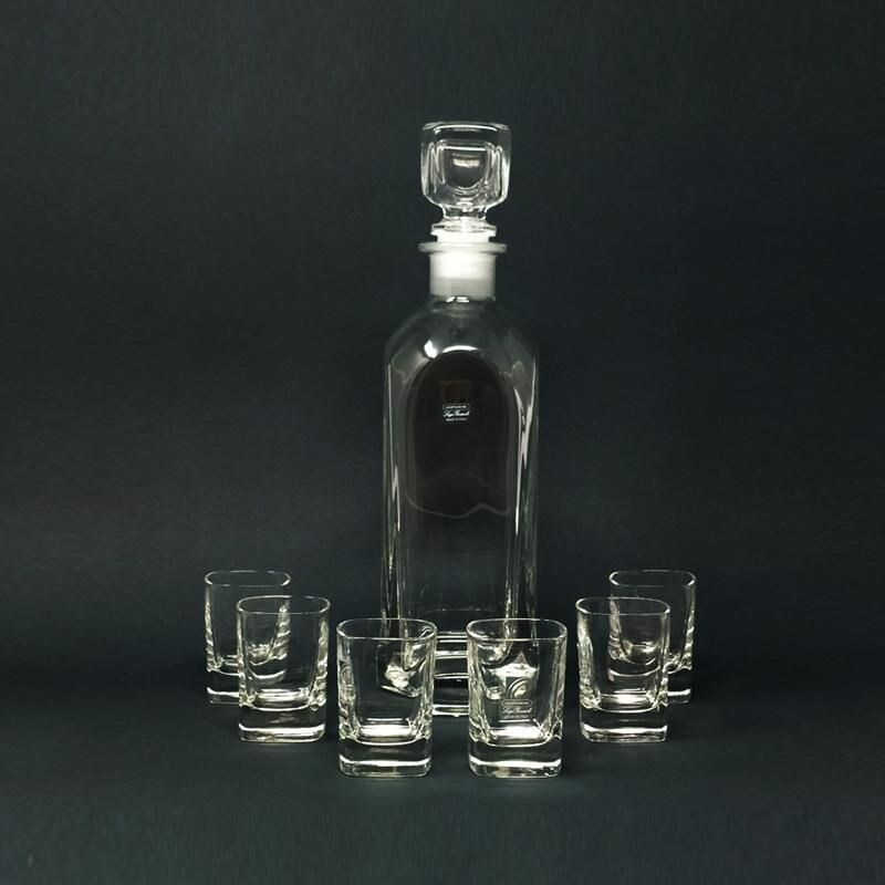 Decanter in cristallo italiano d'epoca con 6 bicchieri in cristallo Luigi Bormioli 1970