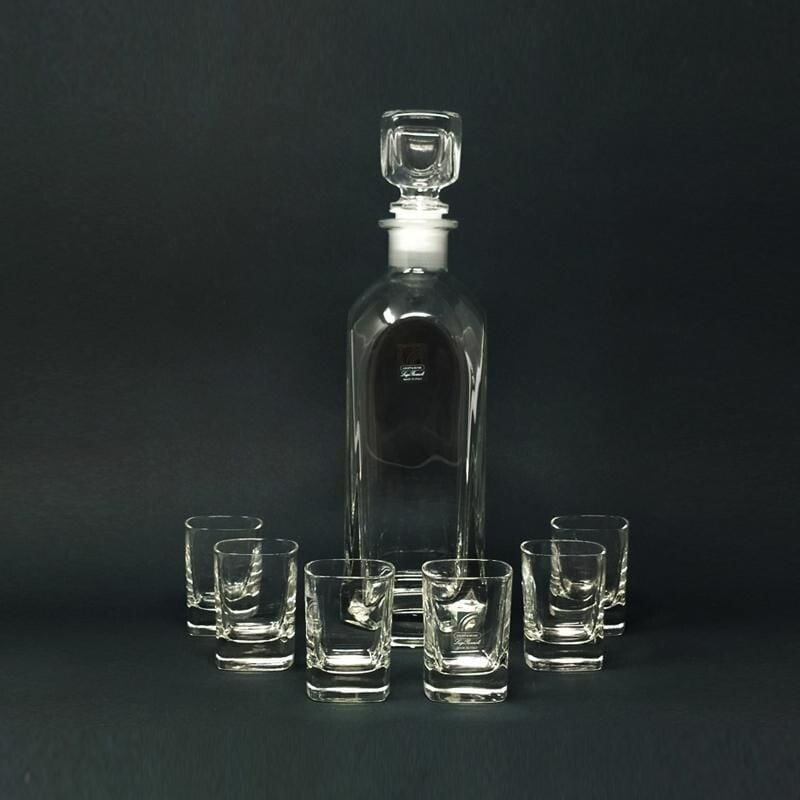 Vintage Italian Crystal Decanter with 6 Crystal Glasses Luigi Bormioli 1970