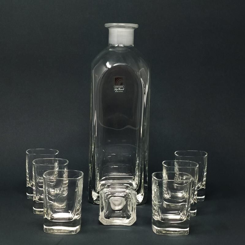 Vintage Italian Crystal Decanter with 6 Crystal Glasses Luigi Bormioli 1970