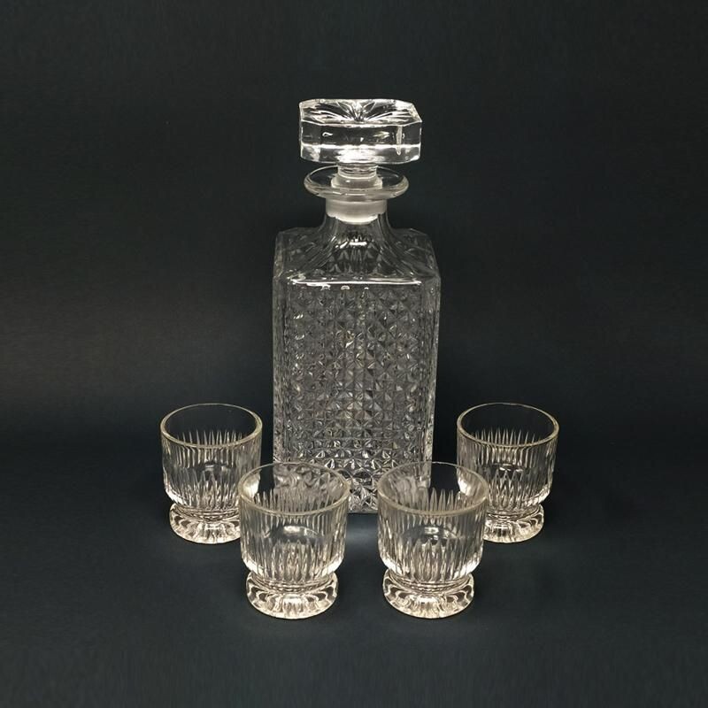 Carafe vintage en cristal avec 4 verres italien 1950
