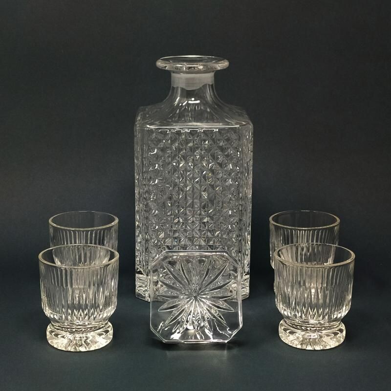 Vintage Crystal Decanter with 4 Glasses Italian 1950s