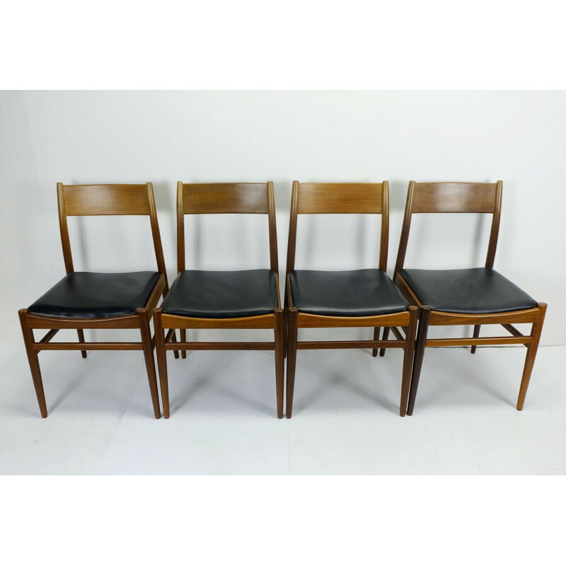4 mid century  dining chairs mahogany black leatherette 1960s