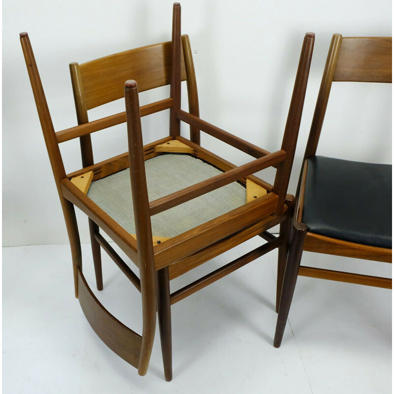 4 mid century  dining chairs mahogany black leatherette 1960s