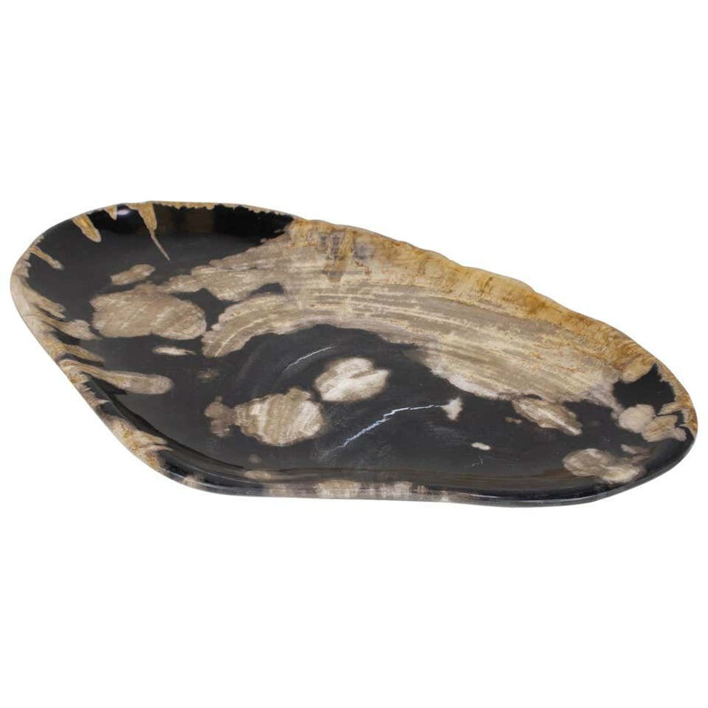 Vintage Black And Beige Oval Shaped Petrified Wooden Platter Or Plate Organic Origin