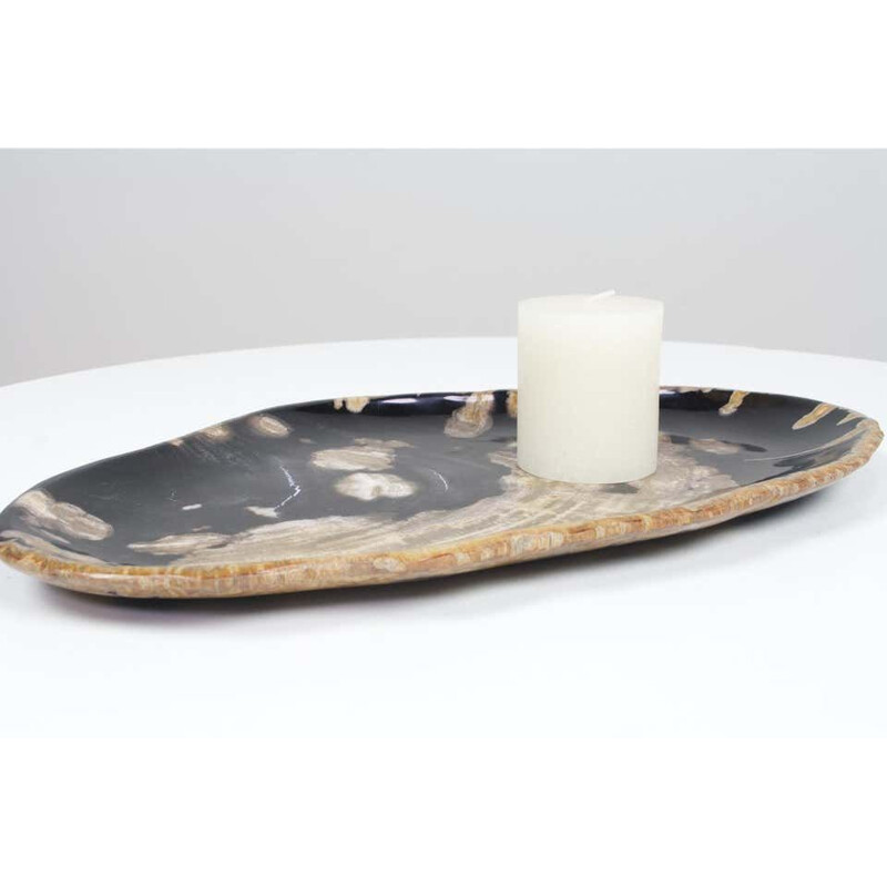 Vintage Black And Beige Oval Shaped Petrified Wooden Platter Or Plate Organic Origin