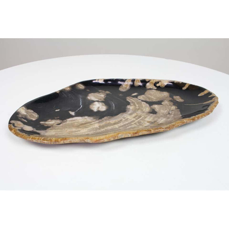 Vintage Black And Beige Oval Shaped Petrified Wooden Platter Or Plate Organic Origin