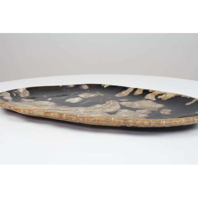 Vintage Black And Beige Oval Shaped Petrified Wooden Platter Or Plate Organic Origin