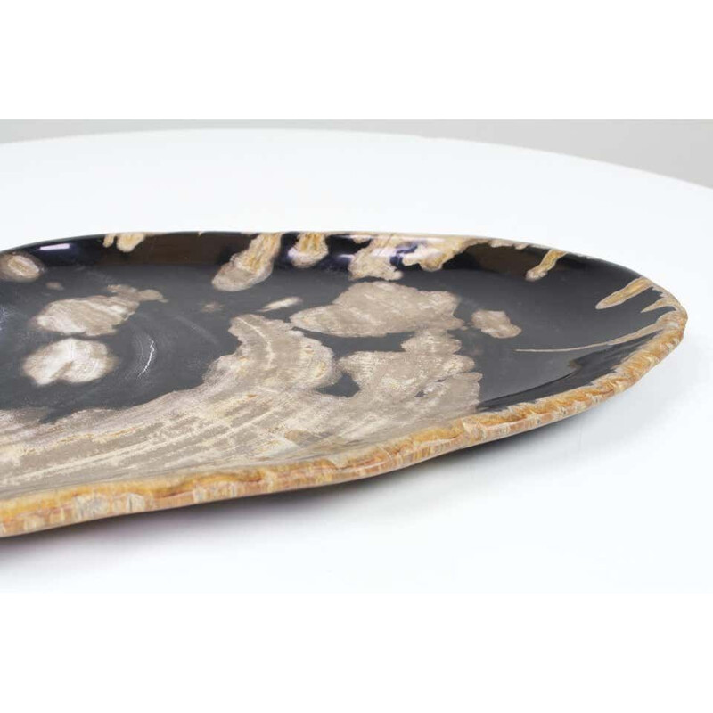 Plateau ou assiette vintage en bois pétrifié de forme ovale noir et beige d'origine biologique