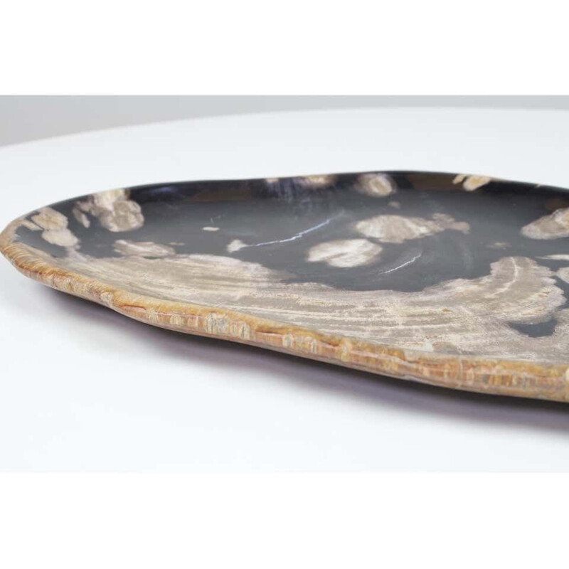 Vintage Black And Beige Oval Shaped Petrified Wooden Platter Or Plate Organic Origin