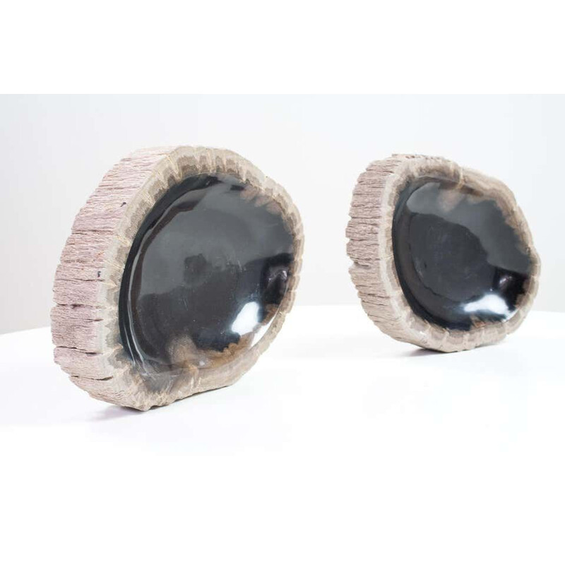 Pair of vintage Petrified Wooden Bowls, Home Accessory Of Organic Original