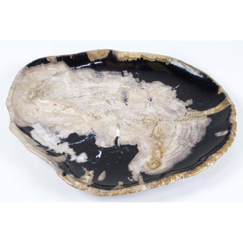 Vintage Black And Beige Petrified Wooden Extra Large Platter, Ancient Organic Home Accessory