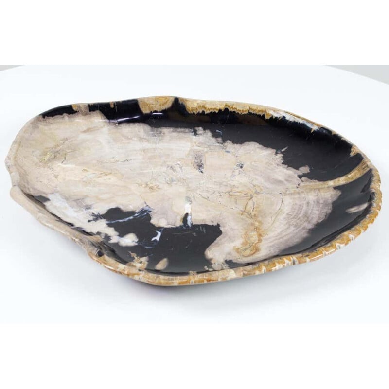 Vintage Black And Beige Petrified Wooden Extra Large Platter, Ancient Organic Home Accessory