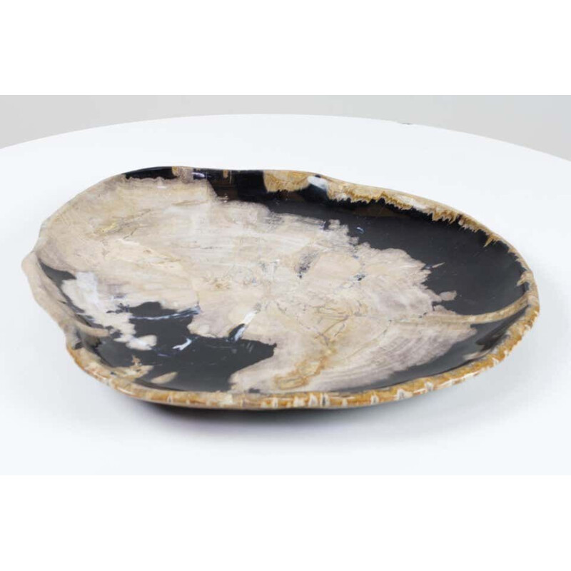 Vintage Black And Beige Petrified Wooden Extra Large Platter, Ancient Organic Home Accessory