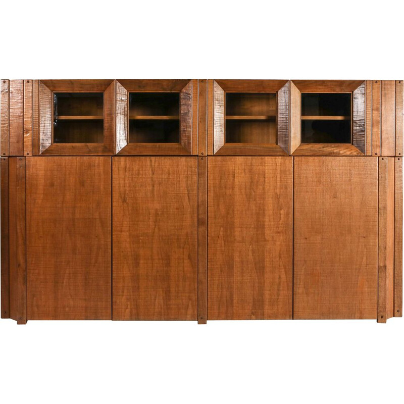 Vintage Solid Walnut Credenza with Vitrine Top Rivadossi Italy 1970s