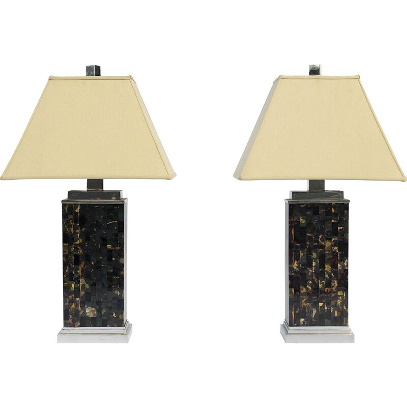 Pair of vintage table lamps in tesserae on chrome base, France 1970