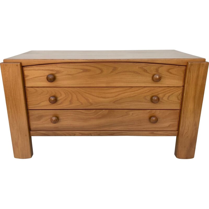 Vintage solid elm chest of drawers, Maison Regain, 1970