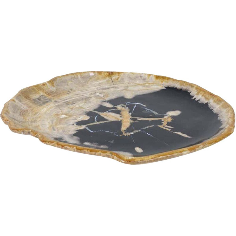 Large vintage Black And Beige Petrified Wooden Platter, Accessory Of Organic Origin