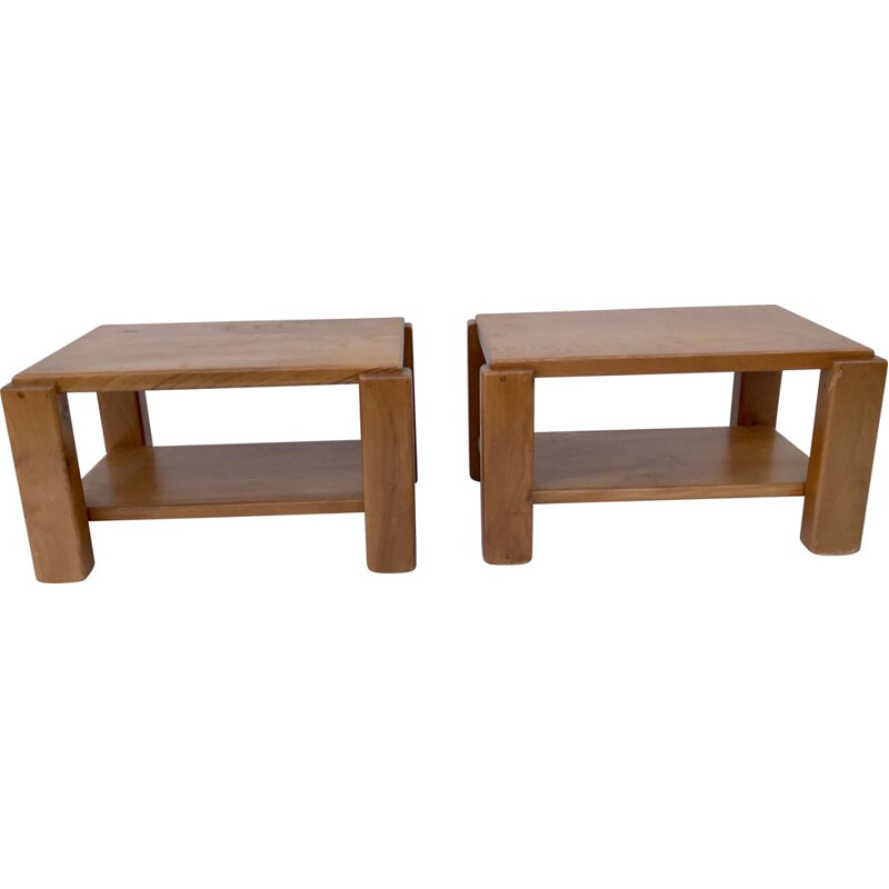 Pair of vintage side tables or bedside tables  in solid elm, Maison Regain, 1970