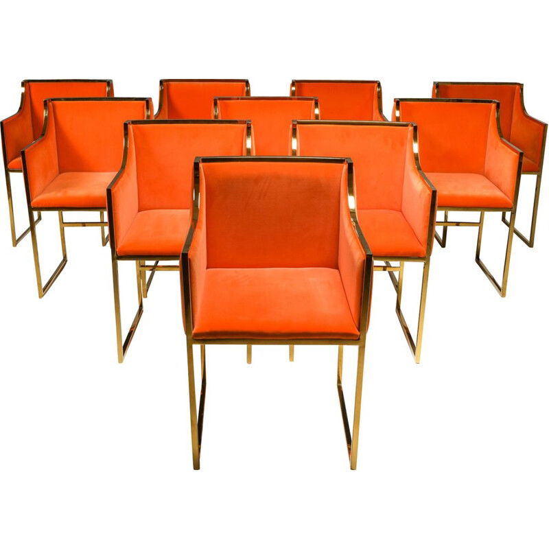 10 Chaises vintage en laiton et velours orange Maison Jansen 1980