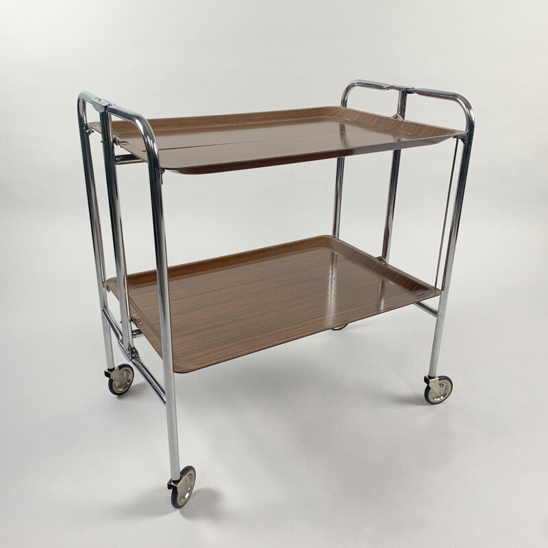 Mid-century Vintage Chrome and Laminated Wood Folding Serving Trolley, 1950s 