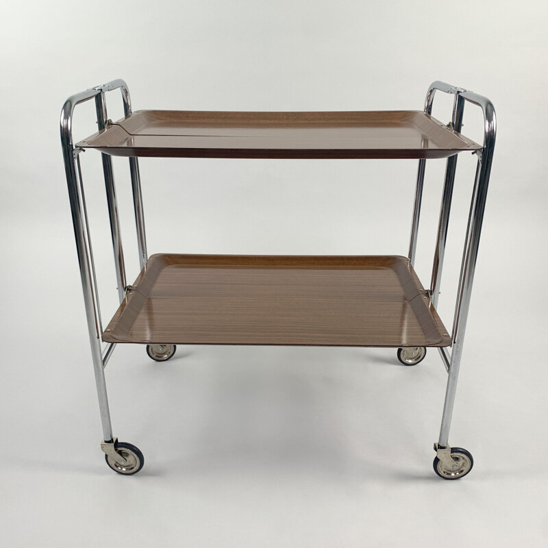 Mid-century Vintage Chrome and Laminated Wood Folding Serving Trolley, 1950s 