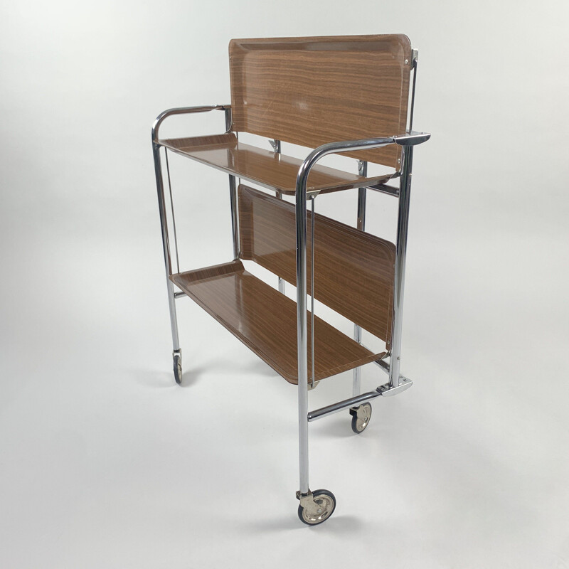 Mid-century Vintage Chrome and Laminated Wood Folding Serving Trolley, 1950s 