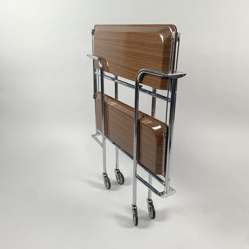 Mid-century Vintage Chrome and Laminated Wood Folding Serving Trolley, 1950s 