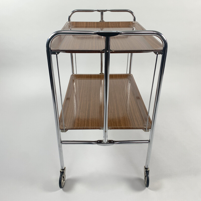 Mid-century Vintage Chrome and Laminated Wood Folding Serving Trolley, 1950s 