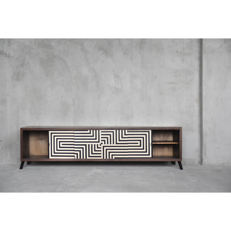 Low vintage Black & White Patterned Walnut Sideboard, Scandinavian 1960s