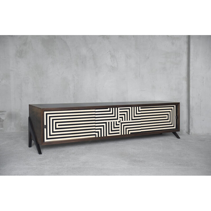 Low vintage Black & White Patterned Walnut Sideboard, Scandinavian 1960s