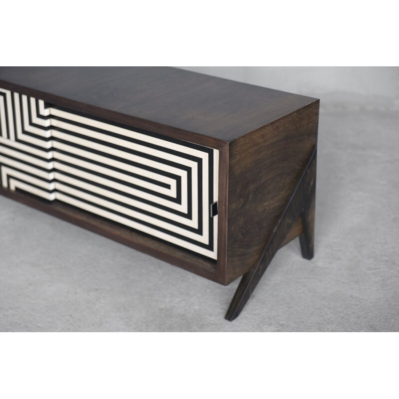 Low vintage Black & White Patterned Walnut Sideboard, Scandinavian 1960s