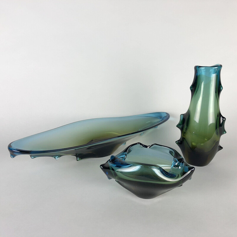 Set of 3 Mid-century Art Glass Vase, Bowl and Ashtray, Czechoslovakia, 1960s