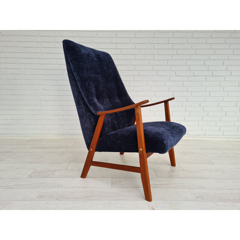 Vintage armchair  velour teak wood renovated Danish 1970