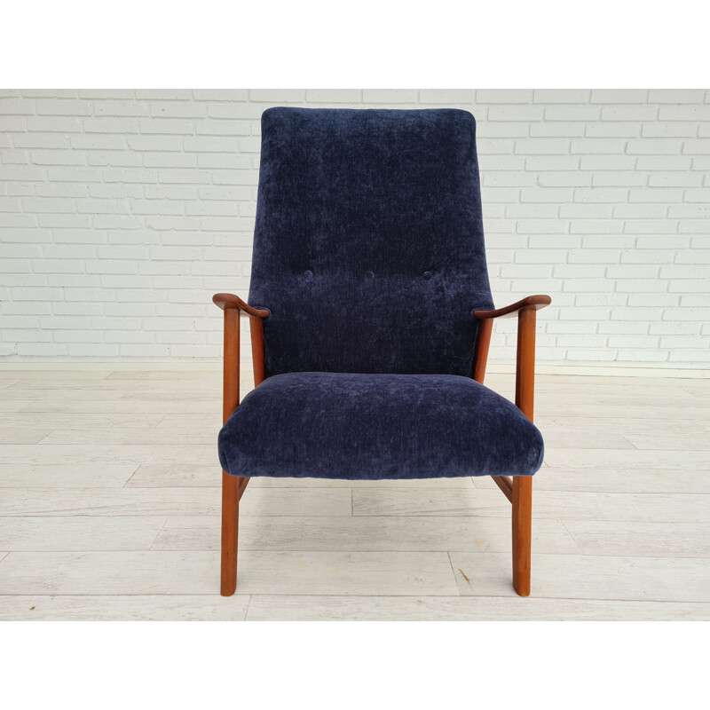 Vintage armchair  velour teak wood renovated Danish 1970